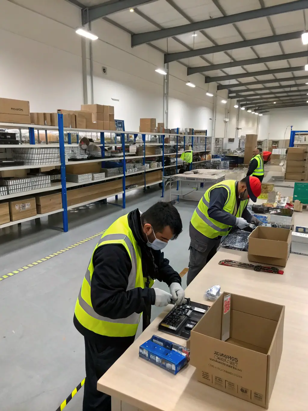 A brightly lit photo of a home appliance factory, with workers applying warning and compliance labels to refrigerators and washing machines, highlighting SanC's labels meeting industry standards.