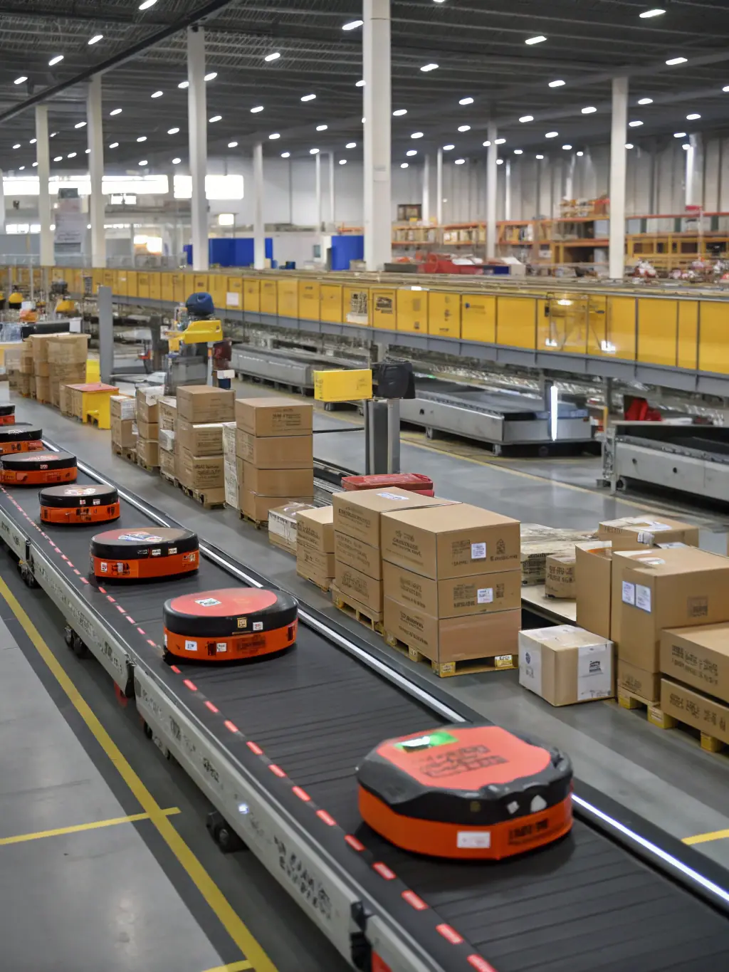A wide shot of a busy logistics warehouse, showing packages being scanned with RFID labels, emphasizing the efficiency and tracking capabilities enabled by SanC's RFID solutions.