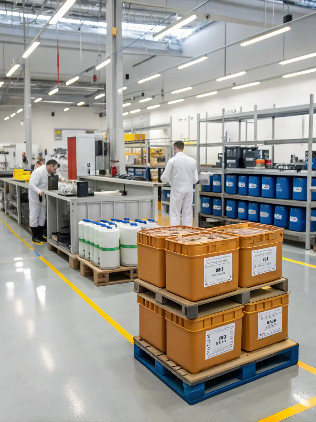 A medium shot of workers in a general manufacturing plant, using various types of labels for product identification and safety warnings, showcasing the versatility of SanC's label offerings.