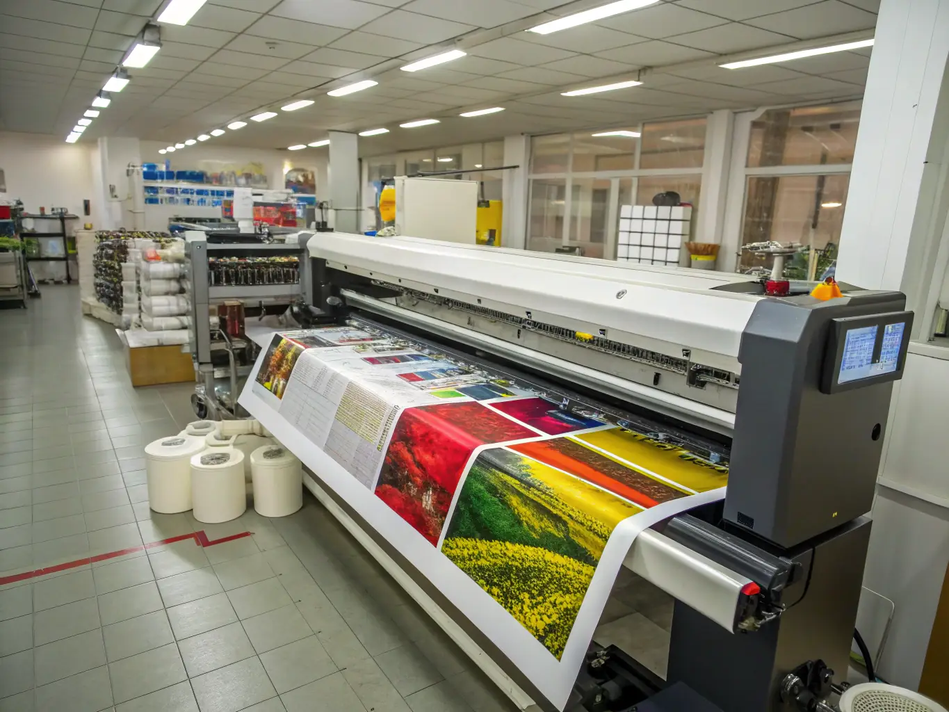 A photograph of a Sanc industrial printer in a busy warehouse environment, printing shipping labels at high speed, highlighting its robust construction and efficiency.