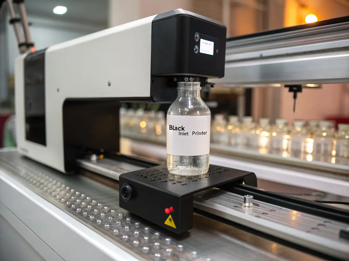 A detailed close-up image of a Sanc industrial printer producing a barcode label with exceptional clarity and readability, demonstrating the printer's advanced printing technology.